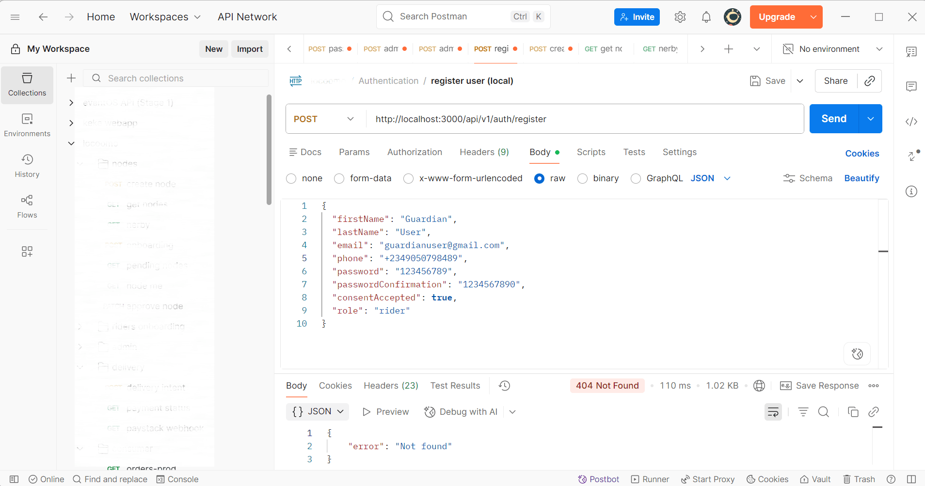 API client sending a user registration request to the backend
