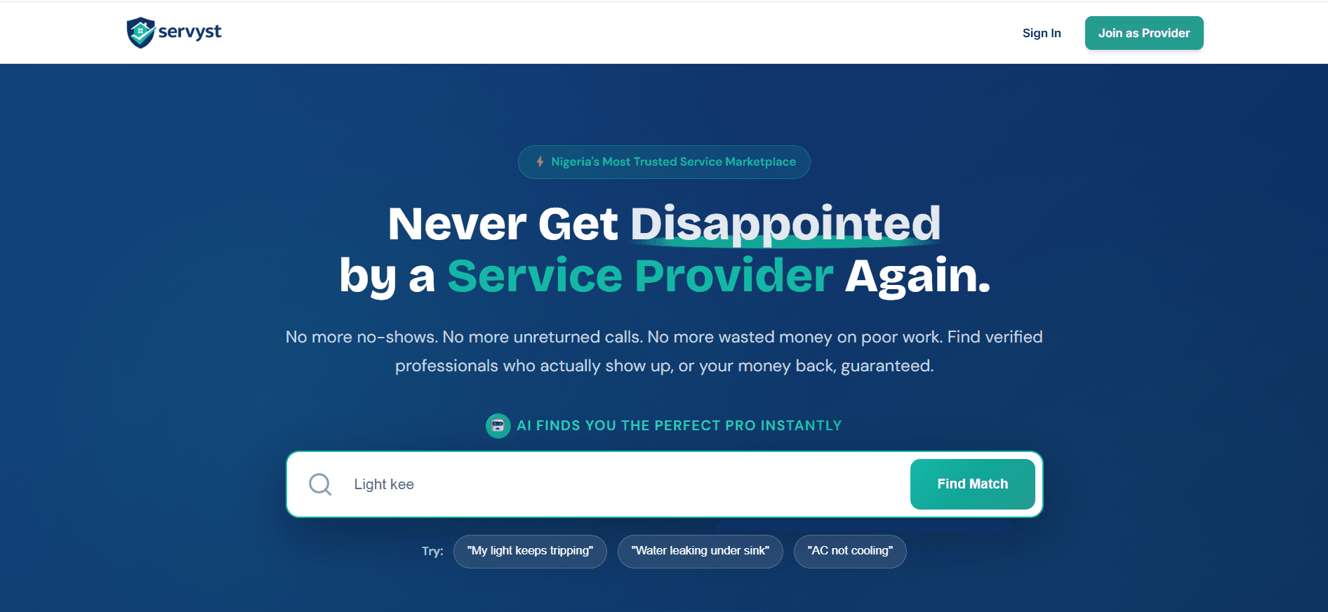 Home page of the services marketplace with its AI search